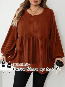 SHEIN CURVE+ 大码女式休闲罗纹荷叶边下摆T恤，秋冬/秋冬 - 橘色 - 查看 6