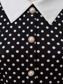 Teen Girl Polka Dot Print Button Design Casual Long Sleeve Collar Dress - Black - View 5