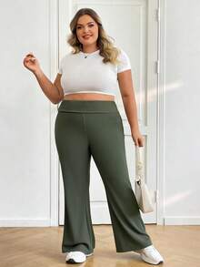 SHEIN CURVE+ Quần ống loe lưng cao co giãn cỡ lớn cho nữ, Quần mặc nhà mùa thu xuân hè mát mẻ cho nữ, Quần ống loe - xanh quân đội - Xem 5