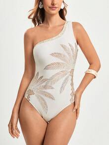 CAJUNI x Carol Peixinho Women's Summer Vacation Palm Tree Print Fashionable One-Piece Swimsuit,Elegant Women's Beach Swimsuit,Beach Outfit For Women - Apricot - View 3