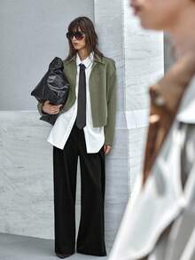 Ontre Women's Loose Short Jacket, Urban Chic, Commuting, Business Casual, Autumn/Winter - Army Green - View 3