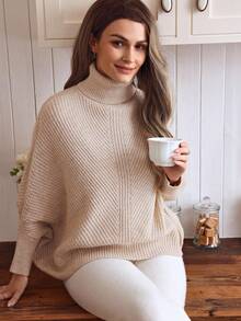 Louniche Elegant Minimalist Apricot Turndown Collar Raglan Sleeve Loose Knit Pullover Sweater For Women, Suitable For Commuting, Autumn/Winter - Apricot - View 6
