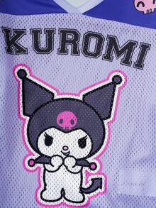 HELLO KITTY AND FRIENDS | SHEIN 年轻女孩休闲卡通图案V领落肩长袖网眼T恤