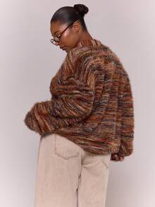 MUSERA Plus Textured Knit Button Up V Neck Cardigan Everyday Cute  Festive, Holidays, Party, - Brown - View 5