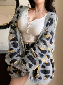 DAZY Women's V-Neck Cardigan Sweater, Animal Print Patchwork Knit, Fuzzy Texture, Suitable For Autumn & Winter Leopard Print - Dark Grey - View 3