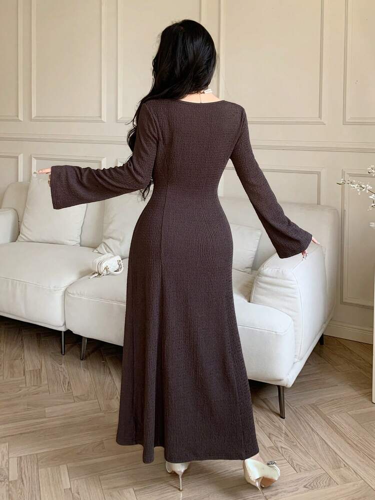 Feyla فستان نسائي أنيق للتنقل مع لمسات من الألوان المتباينة والدانتيل والأكمام الجرس - بني - مشاهدة 2