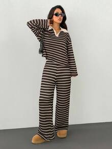 SHEIN PETITE 女式两件套宽松条纹 V 领落肩长袖 T 恤和松紧腰条纹裤，冬季毛衣套装，秋冬 - 棕色 - 查看 3