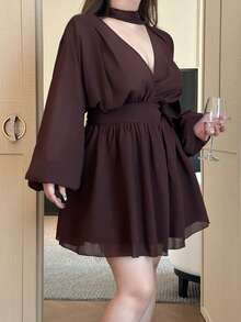 Vibekara 加大码女式棕色法式雪纺 V 领独特精致复古浪漫学院风 A 字形设计，配围巾领，长袖，适合办公室、日常穿着、派对、舞会、音乐节、返校 - 棕色 - 查看 5