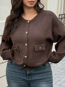 Dazy Plus Plus Size Loose Fit Solid Color Pocket Round Neck Long Sleeve Cardigan, Autumn/Winter - Coffee Brown - View 3