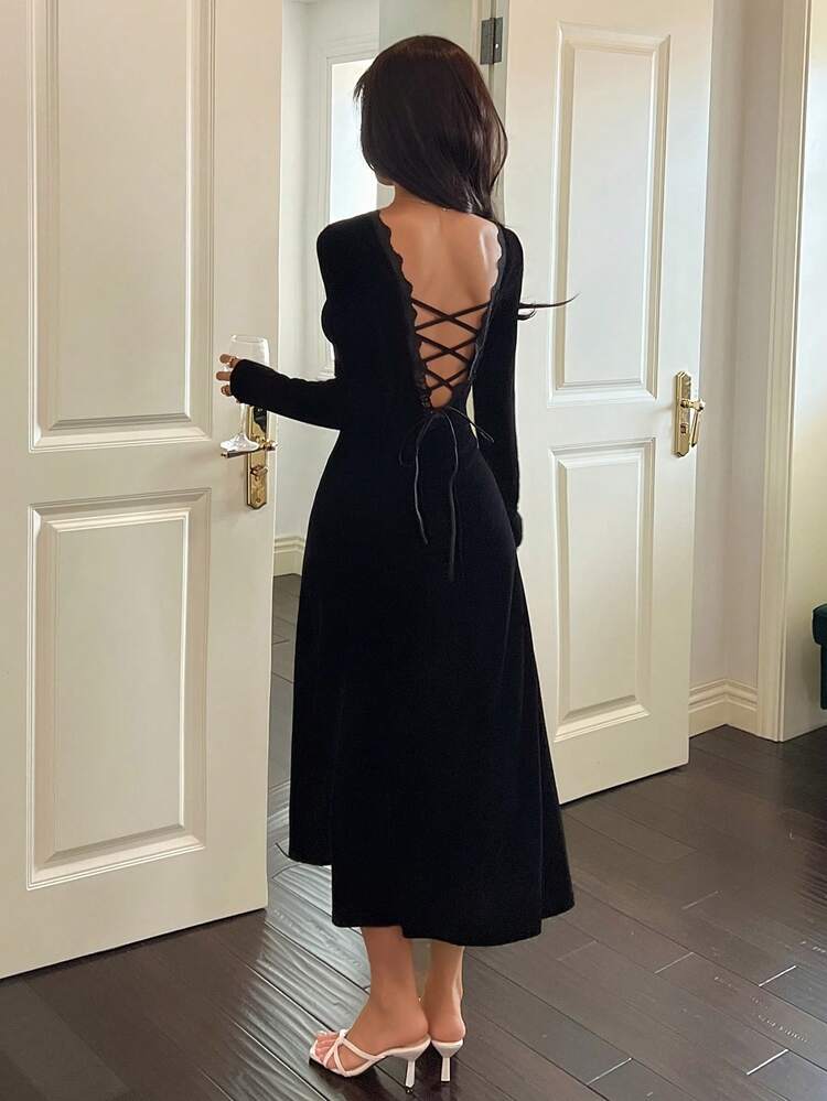 Women's Autumn/Winter Velvet & Lace Patchwork Backless Tie-Up Hollow Out Waist Maxi Nightgown
