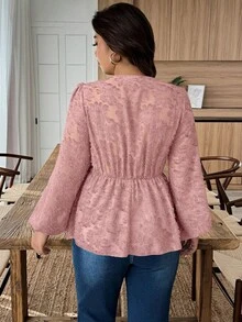 EMERY ROSE Blusa elegante de fiesta con volantes en el bajo, de tela jacquard de encaje para mujer de talla grande, para uso en la oficina - Rosa vieja - Ver 2