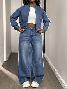 DAZY 女士休闲牛仔外套和阔腿牛仔裤套装，Y2K 秋季款 - 藍色 - 查看 4