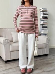 SHEIN Maternity Casual Striped Print Button-Up Long Sleeve T-Shirt - Pink - View 5
