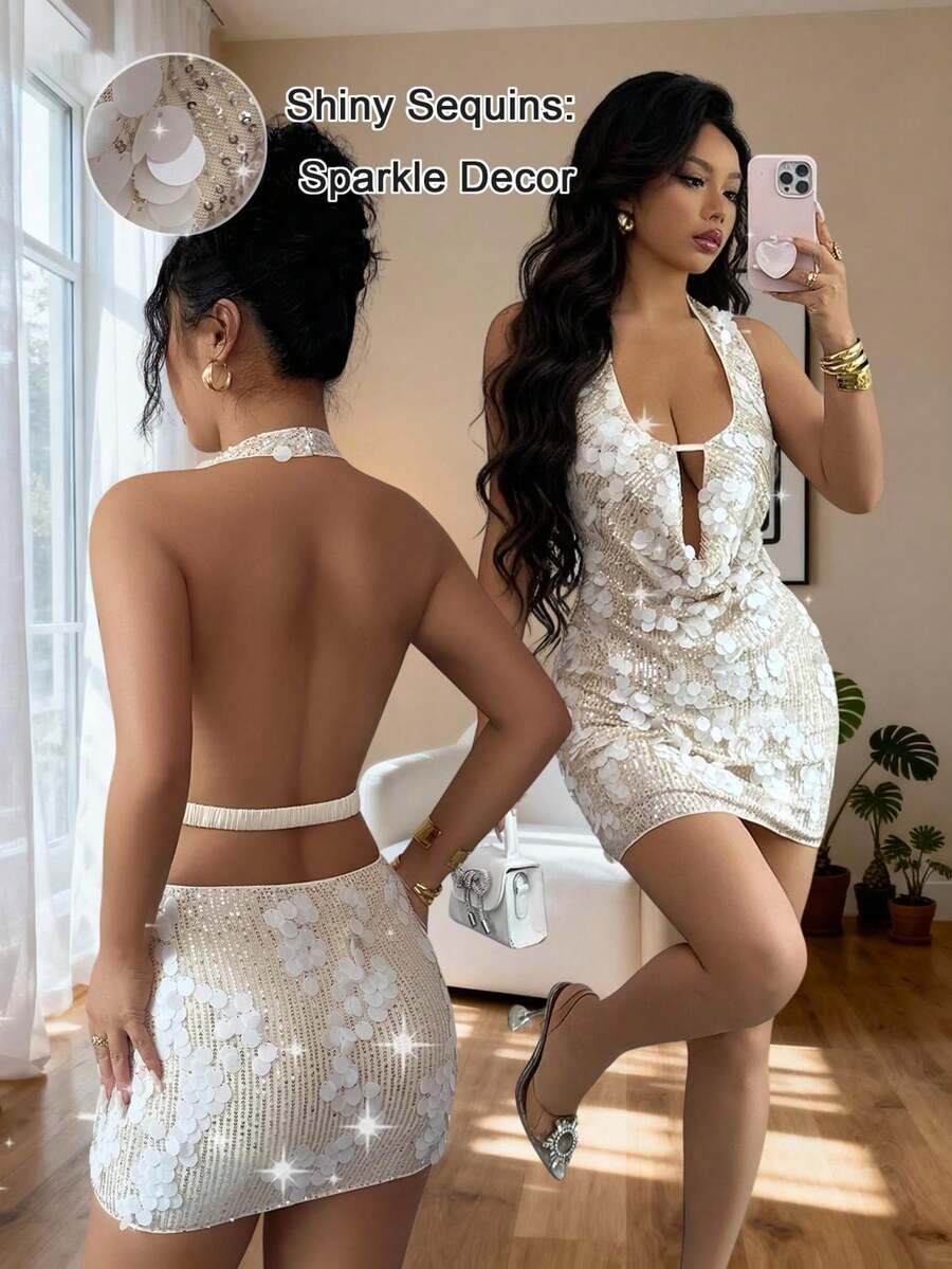 Rafferiza Women's Fashionable Sexy Beaded Backless Halter Top And Mini Skirt 2 Pieces Set Elegant 2 Piece Set White Skirt Set Lace 2 Piece Set Sexy White Dresses For Woman - Apricot - View 1