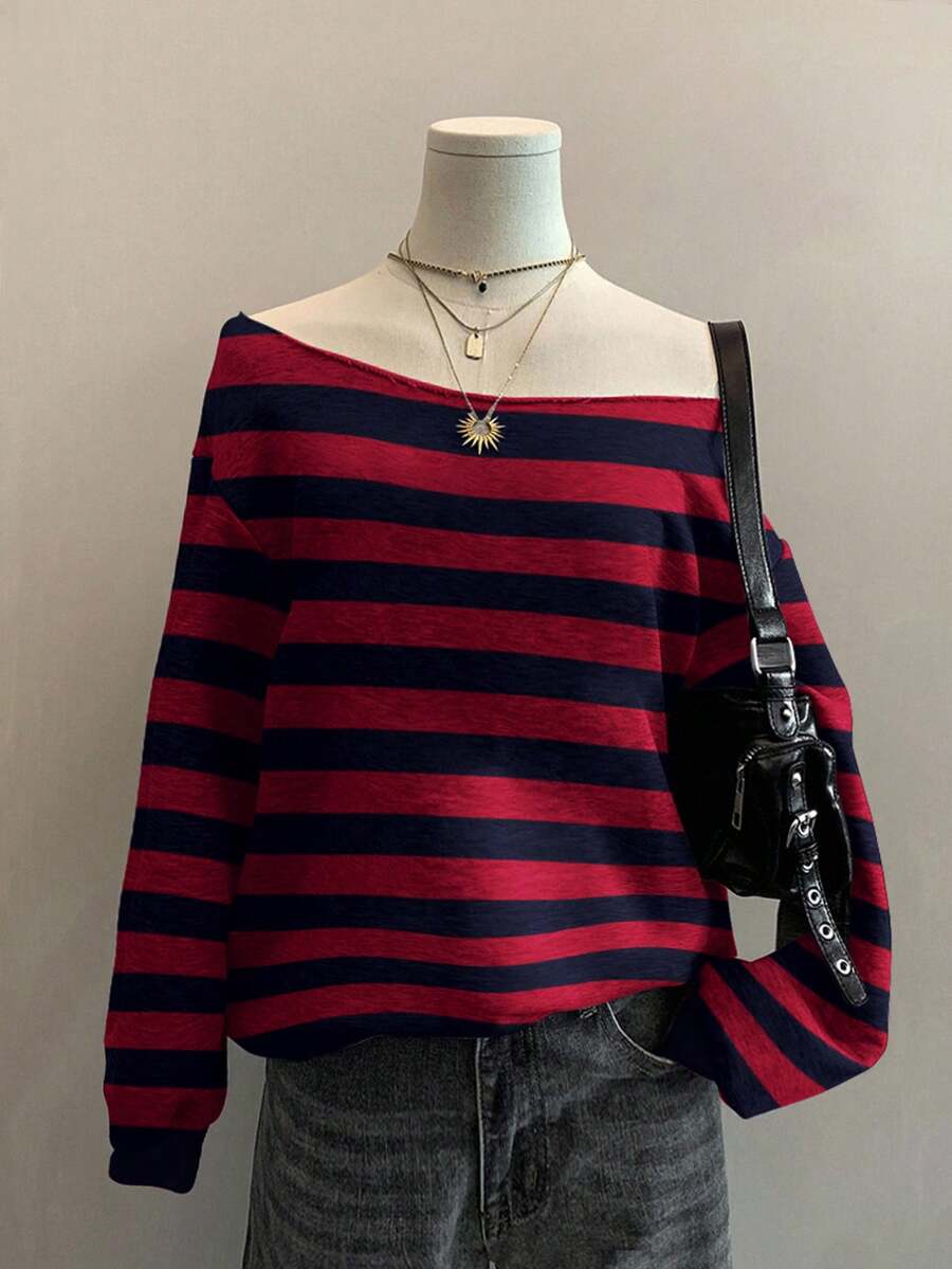 SHEIN EZwear 女士露肩宽松休闲长袖薄款卫衣，黑红条纹印花，秋冬 - 彩色 - 查看 1