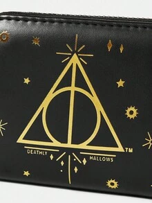 HARRY POTTER X SHEIN 1 件装死亡圣器金色箔纸钱包，黑色迷你拉链钱包，哈利·波特粉丝节日礼物 - 黑色 - 查看 4