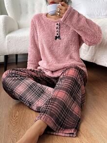 SHEIN Cozy Cute Long Sleeve Top & Plaid Pants Fluffy Pajama Set, Autumn/Winter - Dusty Pink - View 2