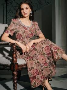 Anewsta Elegant Diamond Patchwork Floral Print Short Sleeve Round Neck Dress For Women, Suitable For Fall, Winter, Spring, New Year, Party, Wedding, Chic, Stylish, Formal, Work, Thanksgiving, Graduation, Christmas, Festival - Red Violet - View 4