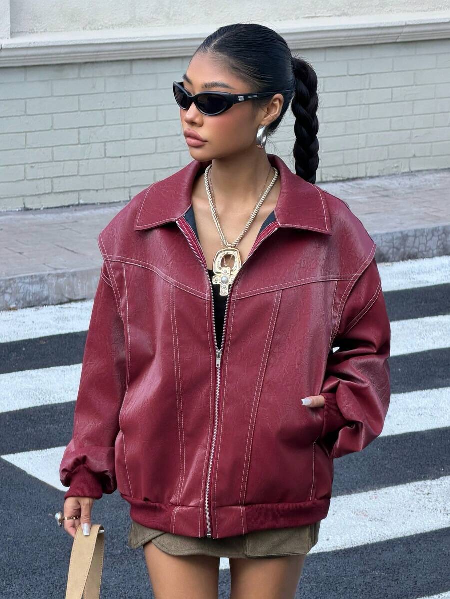 Muchica Áo khoác da PU tay dài màu trơn cổ bẻ, khóa kéo, dáng rộng, thường ngày, mùa thu/đông - Đỏ - Xem 1