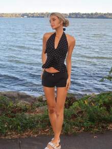 Sydney Algeri Áo kiểu chấm bi cổ chữ V sâu, tối giản, thoải mái cho nữ, áo quấn sau lưng - màu đen - Xem 3