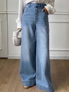 Dazy Tall 女式高腰直筒牛仔裤，纽扣设计，休闲都市风格 - 中等水洗藍 - 查看 2