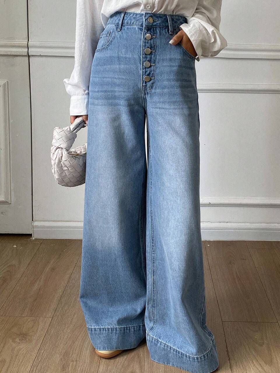 Tall Women's Straight Leg Jeans With Button Design, Casual City Style