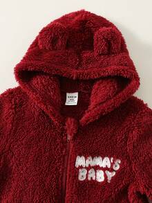 SHEIN 新生儿男女宝宝可爱毛绒字母印花连帽连体衣，男女宝宝冬季、新年、圣诞节通用服装 - 彩色 - 查看 5