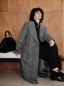 Zovinel 女式千鸟格羊毛混纺长款大衣，秋冬休闲商务通勤外套 - 黑與白 - 查看 7