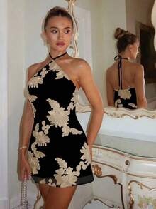 Glamine Charm 女士浪漫性感露背挂脖迷你连衣裙，夏季 - 黑色 - 查看 5