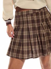 Solavibe Plus Size Vintage Plaid Pleated A-Line Skirt - Brown - View 6