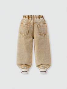 SHEIN Denimly 女婴休闲都市轻盈水洗全松紧腰心形贴片刺绣阔腿裤，可爱的花卉钩针装饰，米色和白色花朵与水洗牛仔布颜色相得益彰，温暖的秋冬氛围与春夏活力相得益彰 - 卡其色 - 查看 2