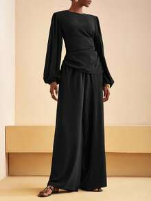 Zivah 2025 秋季新款音乐节、复活节、圣帕特里克节、西部风、游牧风、生日派对、毕业典礼、学院风、学生装、休闲百搭日装、基础百搭、休闲、邮轮旅行、海滩、流行趋势、街头服饰、婚礼宾客波西米亚风、通勤、早午餐、机场、派对、节日装束、不对称下摆长袖缎面衬衫和阔腿松紧腰裤两件套 - 黑色 - 查看 4