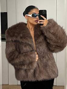 SHEIN ICON Women's Winter Large Lapel Open Front Faux Fur Jacket - Brown - View 4