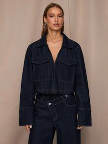 SHEIN BAE 女式翻领长袖实用口袋短款休闲牛仔夹克