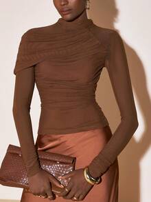 Zivah 2025 Winter New Arrivals - Global Carnival Season - Christmas, New Year, Valentine's Day - For Parties, Evenings, Dates, Gatherings, Birthday Parties - Preppy Style, Student Wear, Casual Outfits, Basic And Versatile, Casual, Cruise Travel, Influencer Hot Item, Elegant, Commuter, Business Casual, Simple, Long-Sleeved With A Blend On The Right Sleeve, Gathered, Lined Front, Brown Mesh, Slim Fit, Autumn/Winter Base Layer, Commuter Top, Party Top, Cocktail Party Top, Brown Top, Elegant Top, Women's Top Brown Long Sleeve Top - Brown - View 2