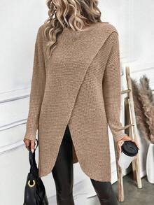 SHEIN LUNE Blusa larga elegante de punto texturizado con abertura lateral para mujer - Camel - Ver 3