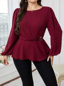 Modelyn Áo cánh tay đèn lồng màu trơn thanh lịch cỡ lớn, eo thắt eo, mùa thu - Màu Đỏ Sâu - Xem 6