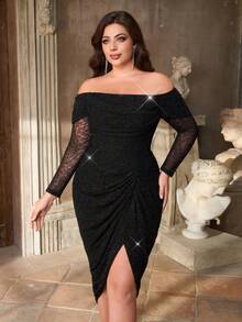 Aureia Đầm mini bodycon size lớn màu đen mùa xuân thanh lịch cho tiệc cocktail, sự kiện trang trọng và dịp đặc biệt, đính sequin sang trọng, trễ vai, tay dài, nhún eo, xẻ tà cao, dự tiệc - Cà phê nâu - Xem 1