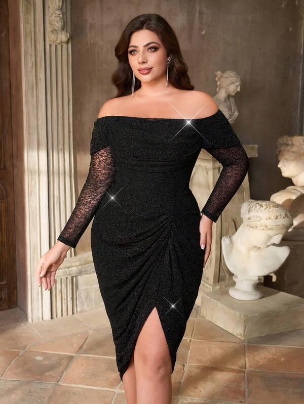 Aureia Plus Size Elegant Luxurious Coffee Brown Sequin Off-Shoulder Long Sleeve Ruched Bodycon High Slit Mini Dress, Suitable For Evening Party, Date, Prom, Wedding, Birthday, Back To School, Cocktail