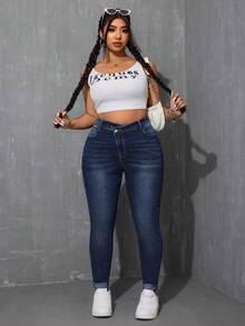 SHEIN ICON Plus Size Fashion Casual Washed Slant Pocket Skinny Jeans - Dark Wash - View 3