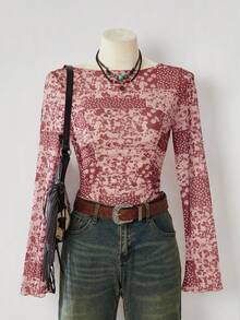 LanaWest Women's Western Ditsy Floral Knit Mesh Long Sleeve Fitted Top - Coffee Brown - View 5