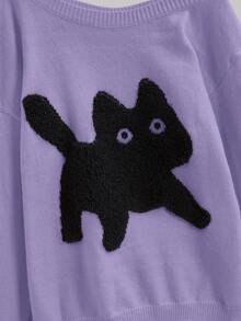 Kawaii 大码女式休闲可爱猫咪刺绣不对称肩部大码毛衣，秋冬 - 紫色 - 查看 5