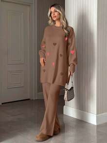 EURMUSE Women Heart Embroidery Balloon Sleeve Sweater And Pant Knit Set