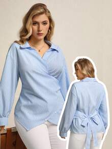 EMERY ROSE Damen Große Größen Gewebtes Kontrast Gestreiftes Regular Elegantes Langarm Tailliertes Hemd mit asymmetrischem Saum in Blau & Weiß, Herbst/Winter - Blau-Weiß - Übersicht 6