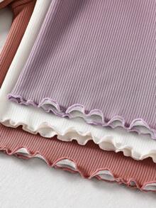 SHEIN LMoss Kids LMoss Young Girl 3 件套年轻女孩纯色高领修身保暖休闲 T 恤套装，秋冬，非常适合休闲、日常穿着和学校日常穿着 - 彩色 - 查看 5