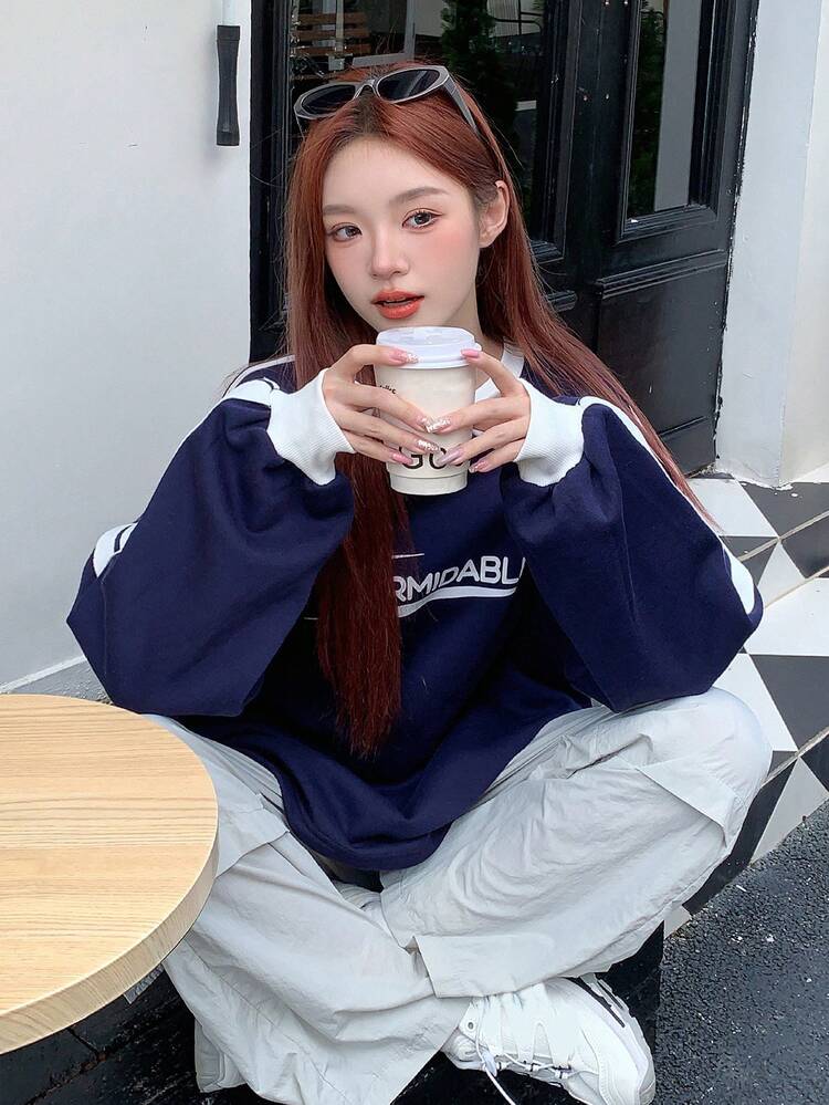 Women's Thermal-Lined Korean Style English Letter Long Sleeve Sweatshirt, Autumn/Winter