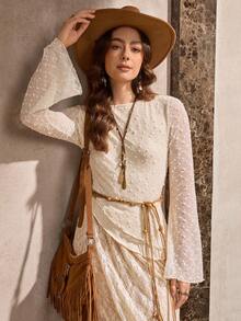 Wildy Women's Casual Asymmetrical Wavy Hem Flare Sleeve T-Shirt, Daily Wear, Autumn/Winter - Apricot - View 6