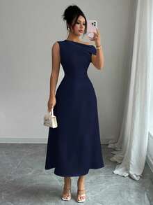 Modelyn Women's Yellow Asymmetric-Shoulder Ruched Waist Elegant Dress - Navy Blue - View 6