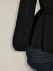 SHEIN ICON Plus Size Women's Autumn/Winter Sexy Retro Elegant Commuter Simple Casual V-Neck Long Sleeve Lantern Sleeves Twisted Chest Hem Black Textured Fabric Loose Women's Top - Black - View 6