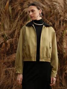 EMERY ROSE Women's Twill Fabric Drop Shoulder Lapel Contrast Color Double Layer Collar Removable Daily Commuter Jacket  Winter Clothes    Winter Jacket For Women - Khaki - View 6